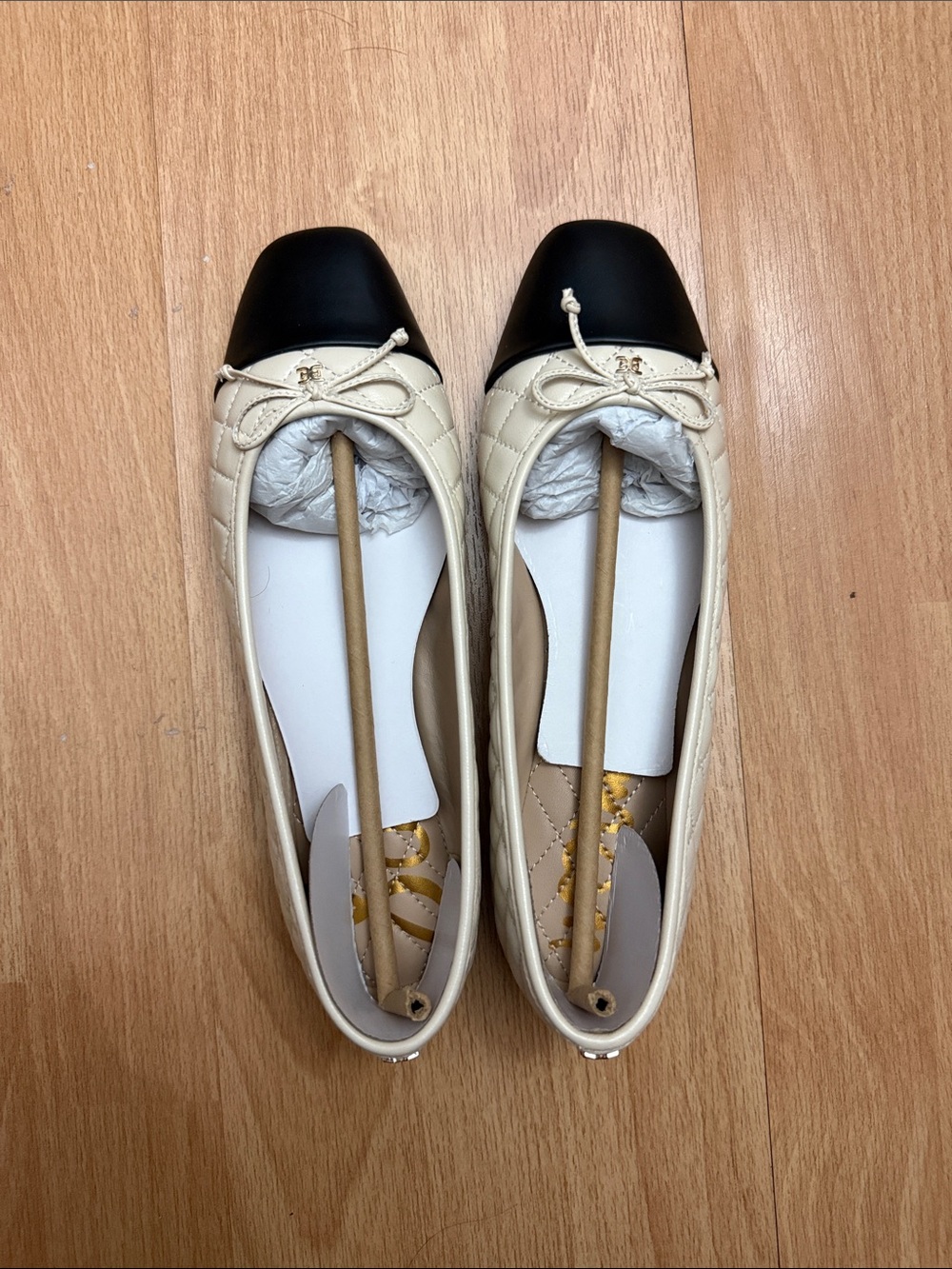 Sam Edelman Cream and Black Quilted Cap-Toe Ballet Flats